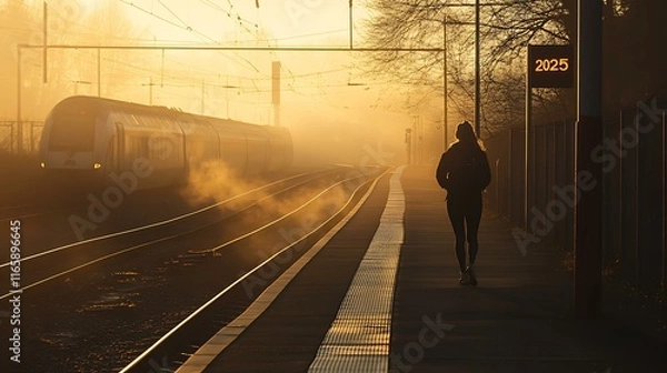 Obraz A serene morning view with a woman on the track, ready at the "2025" line