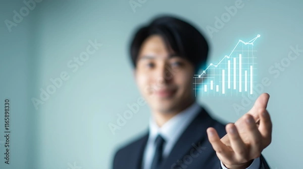 Obraz 右肩上がりのグラフのホログラムを片手に示したスーツを着た日本人男性の画像
