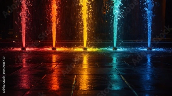 Fototapeta Colorful water jets fountain at night.