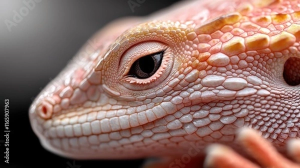 Fototapeta A close-up of a vibrant, textured lizard, showcasing its intricate skin patterns and expressive eye against a blurred background.