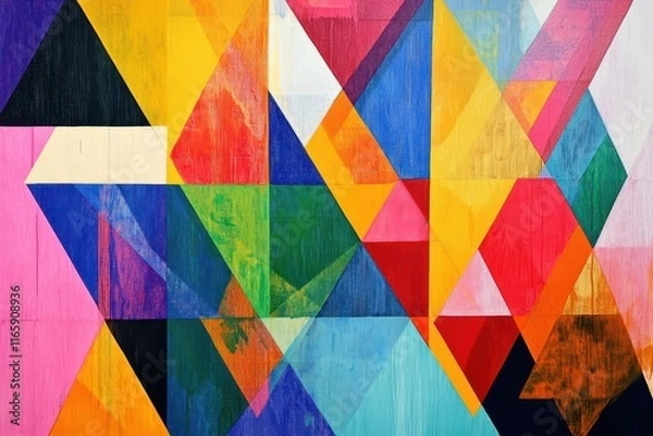 Fototapeta Colorful abstract geometric artwork with vivid shapes and patterns displayed on a large canvas