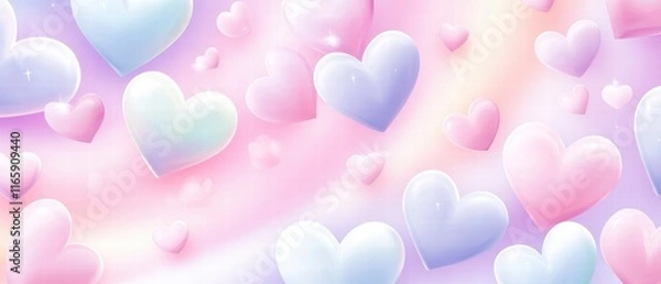 Obraz A whimsical pastel background filled with various colorful hearts, creating a dreamy and romantic atmosphere.