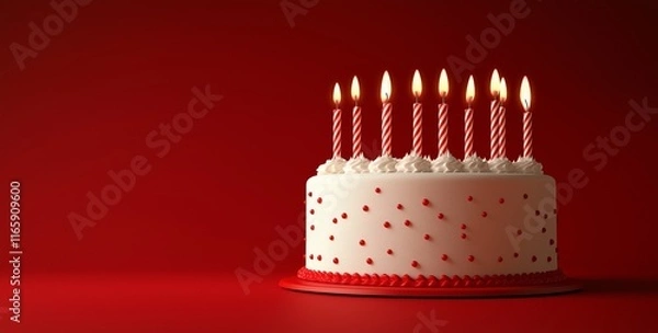 Fototapeta 
3D rendering of a birthday cake with candles on a red background with copy space for text, a minimalist concept.