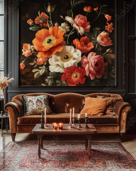 Obraz A large wall mural of an autumn floral arrangement on the walls, featuring bold orange and red flowers like poppies and roses