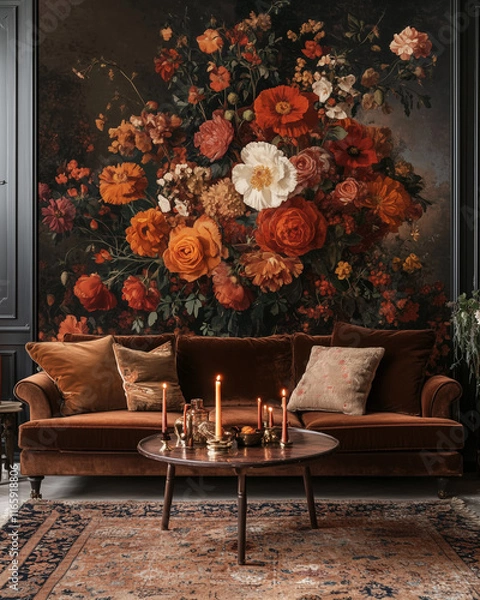 Obraz A large wall mural of an autumn floral arrangement on the walls, featuring bold orange and red flowers like poppies and roses