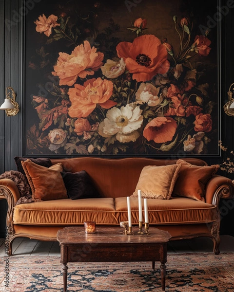 Obraz A large wall mural of an autumn floral arrangement on the walls, featuring bold orange and red flowers like poppies and roses