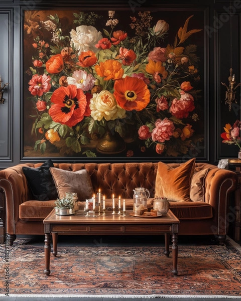 Obraz A large wall mural of an autumn floral arrangement on the walls, featuring bold orange and red flowers like poppies and roses