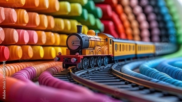 Fototapeta Toy train on tracks amidst colorful crayons.