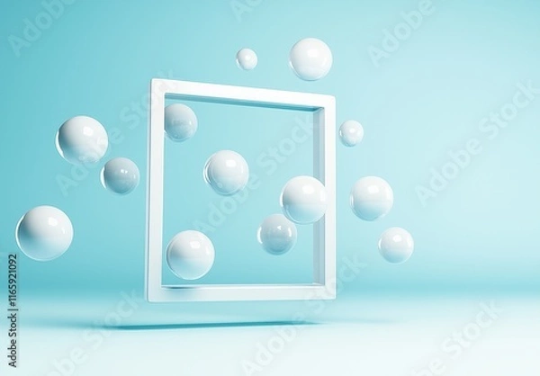 Fototapeta 
A cube composed of spheres, levitating in the air against a light blue background. The spheres are arranged to form an empty picture frame with a square shape.