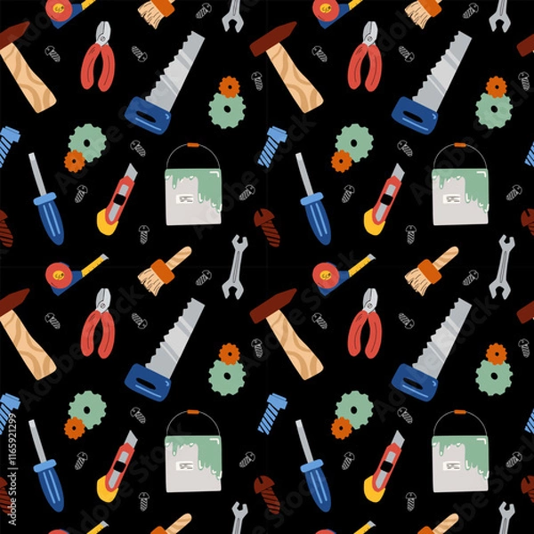 Fototapeta Kids seamless pattern for boys of various work tools such as hammer, saw, nails, pliers, screwdriver on dark background. Cartoon-style repairman motif for textiles, packaging, wallpaper