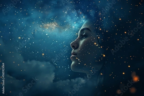 Fototapeta A thoughtful woman stands against a captivating cosmic backdrop, with twinkling stars and galaxies surrounding her, highlighting her serene expression under a starry sky.