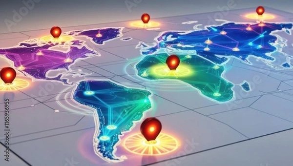 Fototapeta A colorful digital world map highlighting various locations with glowing markers, showcasing global connectivity and technological advancement.