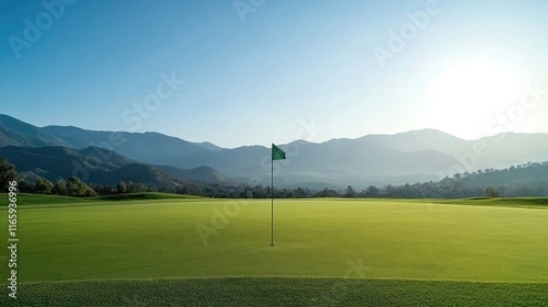 Fototapeta Flagstick on the green with distant mountains under a clear sky