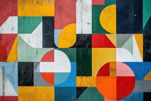 Fototapeta Colorful geometric shapes create an abstract mural showcasing vibrant artistry in a modern urban setting