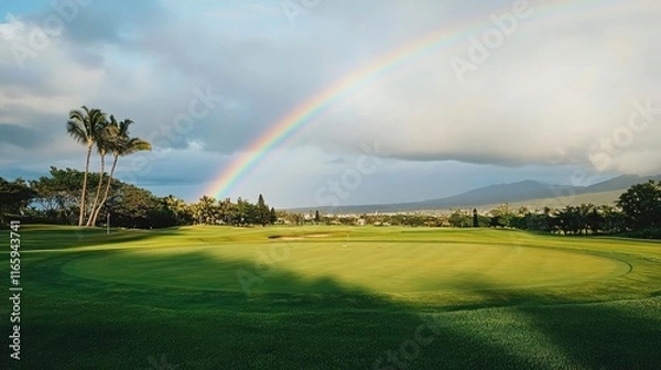 Fototapeta Golf practice range with a vibrant rainbow in the distance
