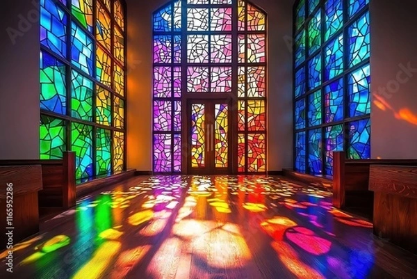 Fototapeta A peaceful Sunday service in a countryside chapel, with sunlight streaming through colorful stained-glass windows, families singing hymns, and a priest delivering a heartfelt sermon. Add intricate 
