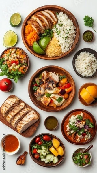 Fototapeta A Vibrant Array of Flavorful Dishes: Grilled Chicken, Rice, and Seasonal Vegetables. A Culinary Masterpiece of Healthy and Delicious Food.
