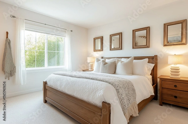 Fototapeta Cozy bedroom, solid wood furniture, large windows bring in natural light, minimalist style, comfortable home environment
