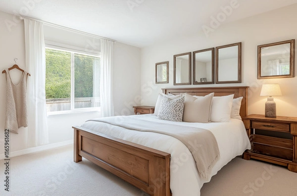 Fototapeta Cozy bedroom, solid wood furniture, large windows bring in natural light, minimalist style, comfortable home environment