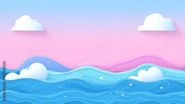 Fototapeta Pastel Sky Over Blue Ocean Waves With Clouds
