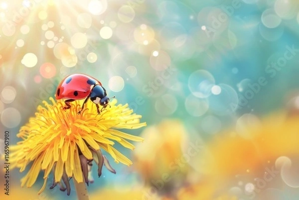 Fototapeta A small ladybug is climbing on a bright yellow dandelion, surrounded by a dreamy, blurred background that hints at a sunny, cheerful spring day.
