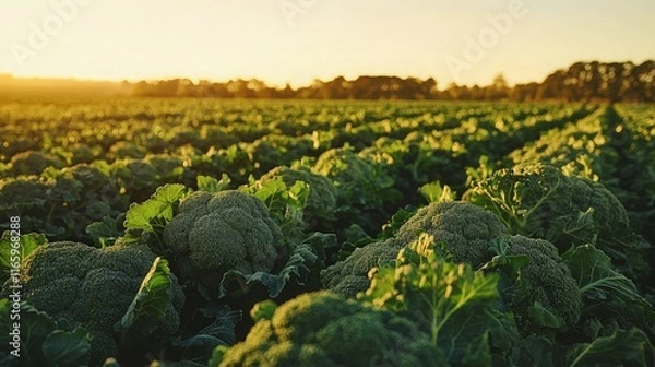 Obraz Golden hour sunlight illuminates rows of lush broccoli plants in a vast field.