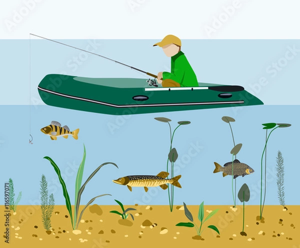 Obraz Fisherman fishing in a boat flat vector concept