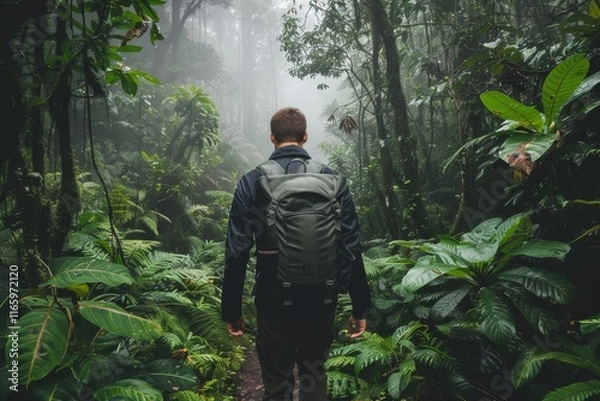 Fototapeta A hiker ventures into a lush, fog-covered rainforest, surrounded by vibrant greenery and towering trees, embracing the tranquil atmosphere of nature.