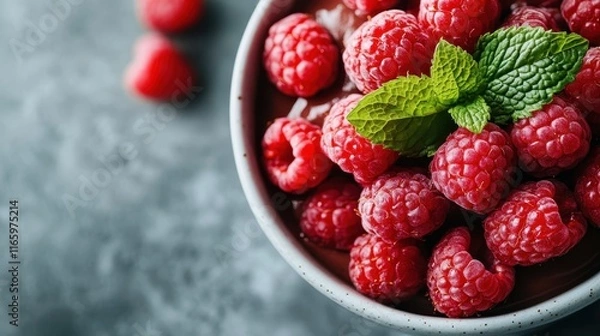 Obraz A stunning bowl filled with fresh, vibrant raspberries topped with mint leaves, showcasing a beautiful and healthy dessert option that's perfect for any occasion.