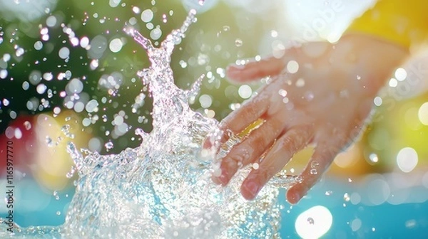 Fototapeta Close-Up of Water Droplets Glistening in Sunlight with Hand Splashing in Refreshing Pool Environment