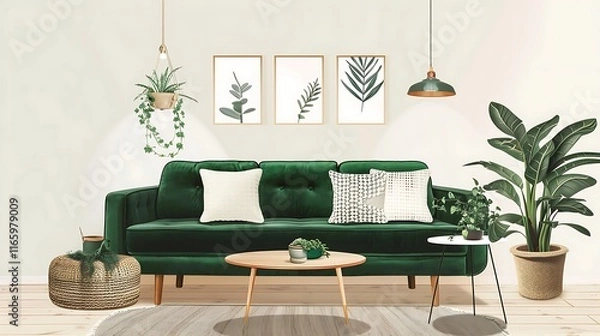 Fototapeta Interior of modern living room with green sofa and plants - rendering