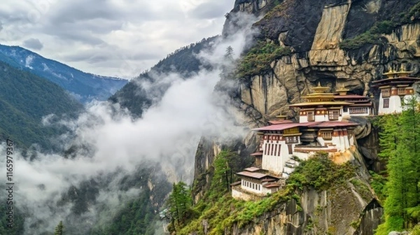 Fototapeta Majestic mountaintop monastery shrouded in mist, showcasing traditional architecture and serene landscape.