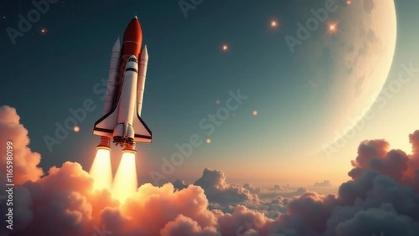 Fototapeta Futuristic space shuttle blasts off on mission to explore distant planets and moons
