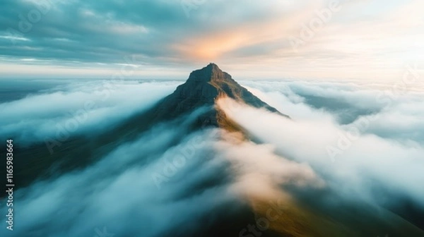 Fototapeta A mystical mountain peak emerges from a blanket of soft clouds, creating a captivating view that inspires wonder and tranquility in nature’s serene beauty.