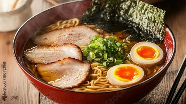 Obraz Steaming bowl of ramen noodles with chashu pork, soft boiled eggs, seaweed, and green onions.