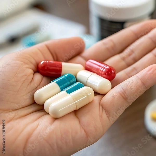 Obraz Colorful pills and tablets in the hand on background. Top view. Flat lay. Copy space. Medicine concept