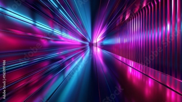 Fototapeta Pink and blue neon lights creating vibrant reflections in a metallic corridor, ideal for backgrounds and wallpapers