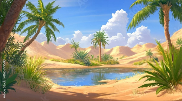 Fototapeta Desert landscape with lake and palm trees in oasis in sand and hills. Water and green plants in middle of dune. Cartoon vector illustration of sunny summer scenery of savannah with pond and greenery.
