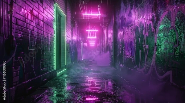 Fototapeta Purple and green neon lights illuminate a graffiti covered alleyway on a rainy night, creating a vibrant and moody atmosphere