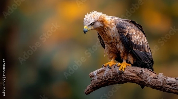 Obraz A powerful golden eagle rests on a tree branch, displaying intense focus and majesty, encapsulating the essence of wildlife and its stunning beauty.