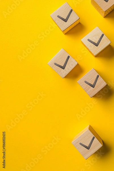 Fototapeta Check symbol on wooden cube on yellow background generated.AI