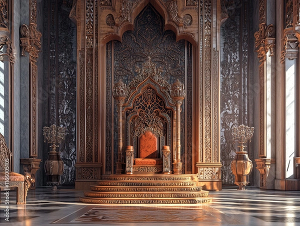 Fototapeta A regal King Throne stands in a grand hall, adorned with intricate carvings and luxurious fabrics, symbolizing power and authority in a generative stock photo