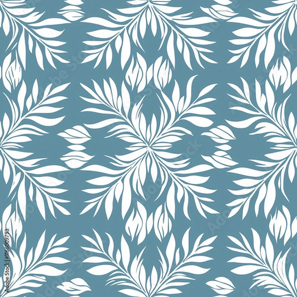 Fototapeta Simple Rangoli Seamlesspattern Elegant floral pattern featuring white leaves on a soft blue background, perfect for textile or wallpaper design.