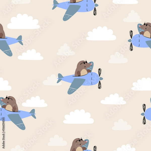 Obraz Seamless pattern with cute moles on planes. Baby print with cartoon pilots