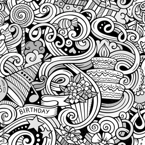 Obraz Cartoon hand-drawn doodles birthday theme seamless pattern