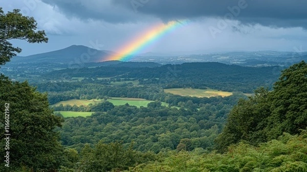 Fototapeta Rainbow over lush green valley and mountains.