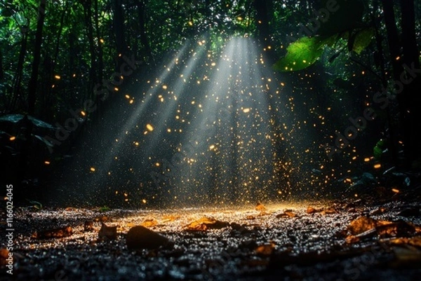 Fototapeta Magical fireflies illuminate forest floor.