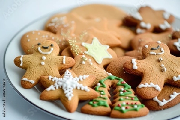 Fototapeta A white plate filled with many decorated cookies in various shapes and designs