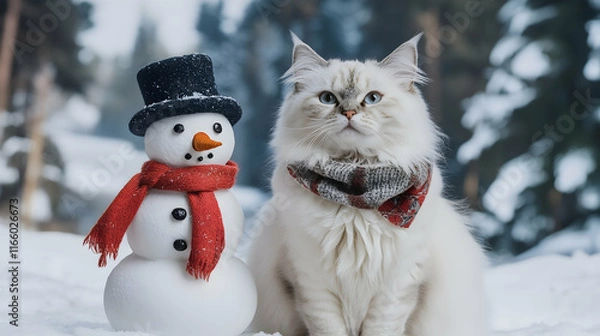 Fototapeta A fluffy white cat wearing a scarf and sitting beside a snowman prop with a snowy forest in the background