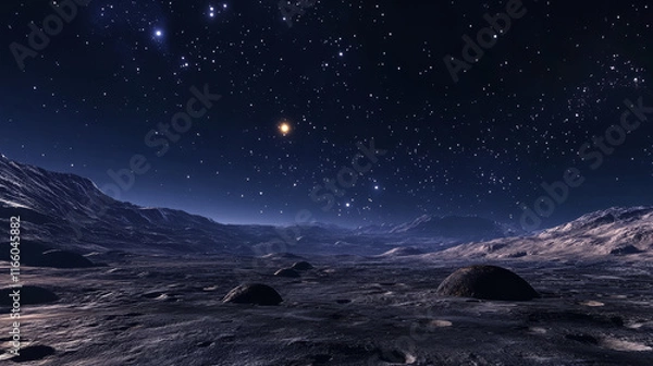 Fototapeta Alien planet surface with craters on background of dark blue cosmos sky with space bodies. Cartoon vector illustration of cosmic landscape. Fantasy universe object scenery for exploration concept.